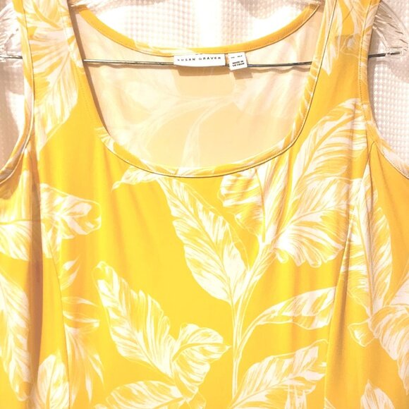 Susan Graver Sleeveless Midi Dress PXL Square Neck Yellow Gold Palm Fit & Flare - Picture 2 of 8